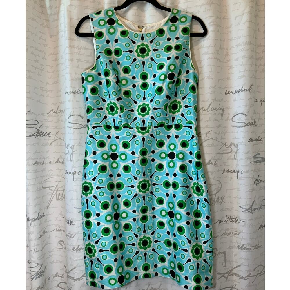 Kate Spade Mod 60s Green Print Silk Sheath Dress Size 10